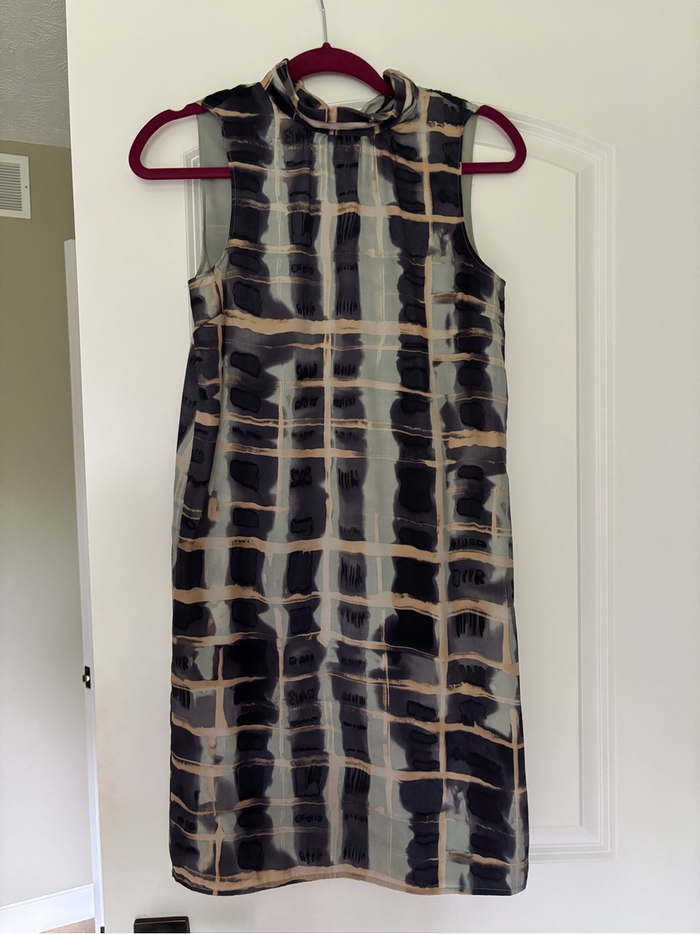 H&M Sleeveless Tie-Neck Shift Dress in Sage Green, Black, and Tan
